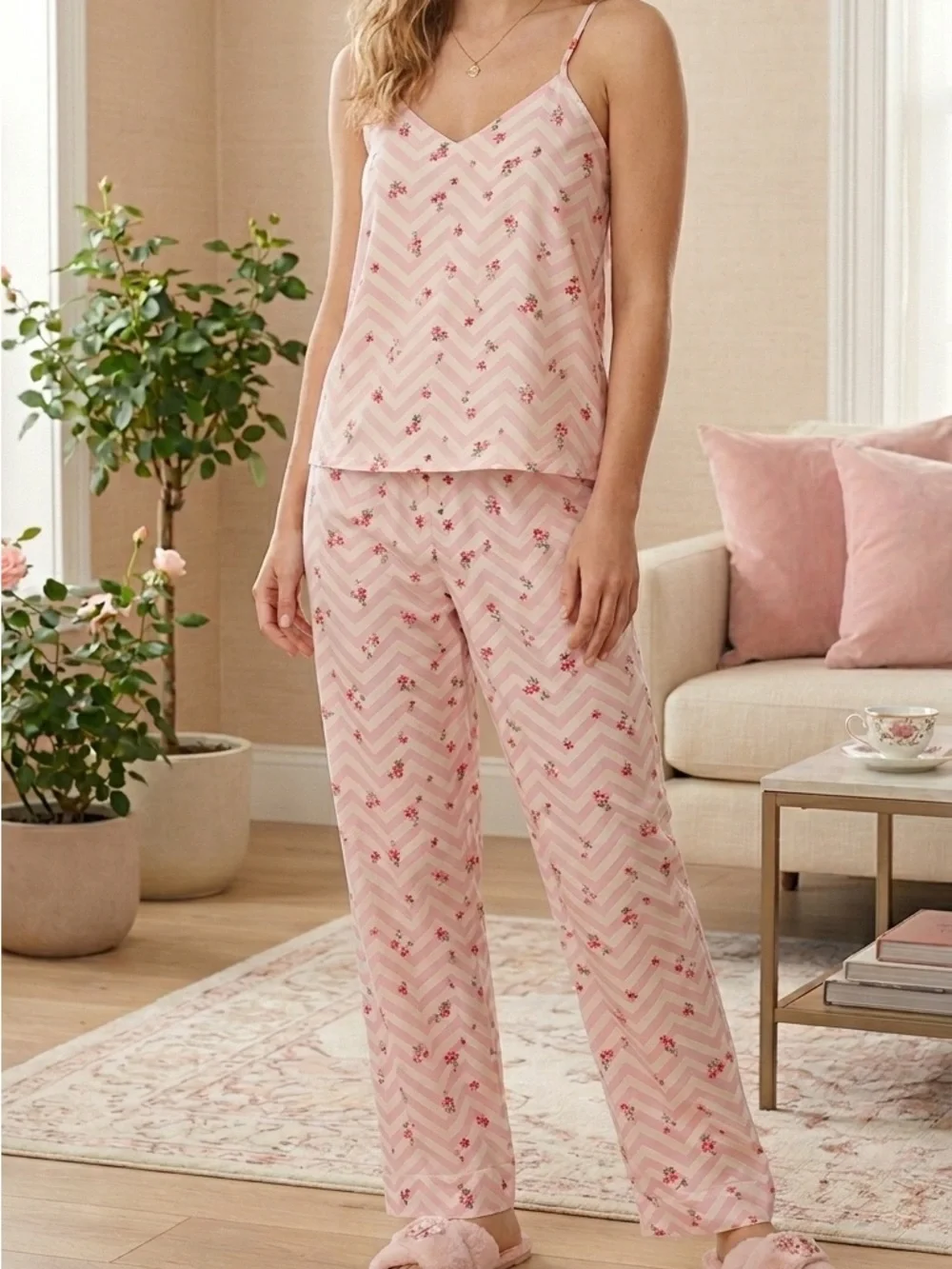 BedHead PJS Pink Rose Chevron Print Organic Cotton Pajamas Set Women’s Size XS
